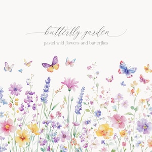 May include: Watercolour painting of a butterfly garden with pastel coloured wildflowers and butterflies. The text "butterfly garden" and "pastel wild flowers and butterflies" is written in cursive at the top of the image.