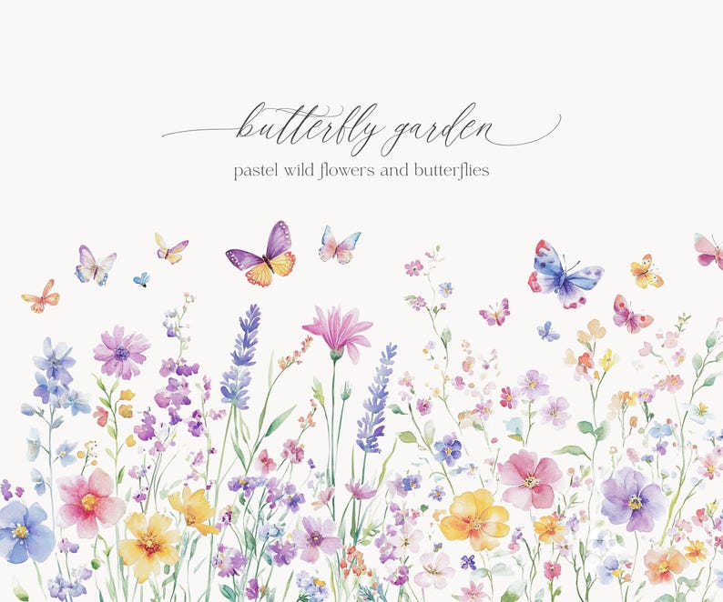 May include: Watercolour painting of a butterfly garden with pastel coloured wildflowers and butterflies. The text "butterfly garden" and "pastel wild flowers and butterflies" is written in cursive at the top of the image.