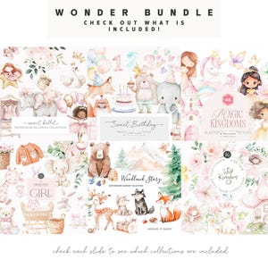 May include: A collage of watercolour illustrations featuring various themes, including a ballerina, a birthday party, a woodland scene, and a magical kingdom. The illustrations are in soft pastel colours and feature cute animals, flowers, and whimsical characters.