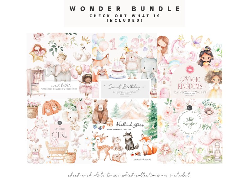 May include: A collage of watercolour illustrations featuring various themes, including a ballerina, a birthday party, a woodland scene, and a magical kingdom. The illustrations are in soft pastel colours and feature cute animals, flowers, and whimsical characters.