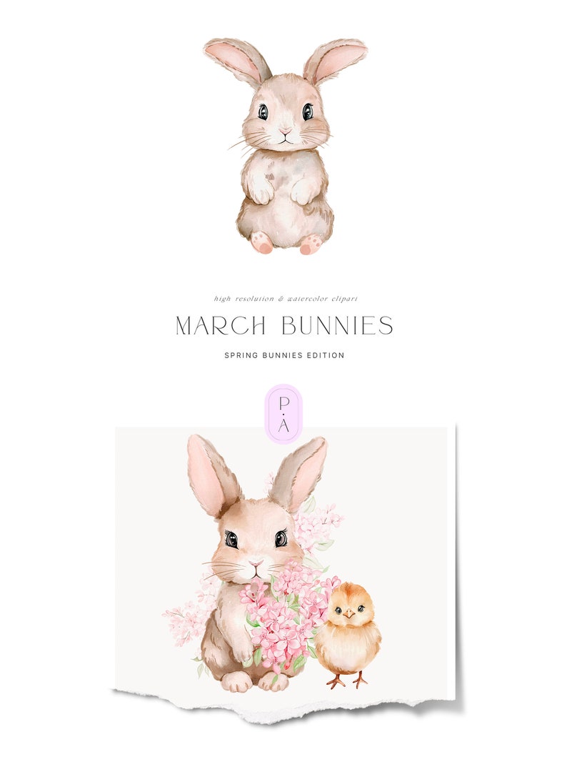 Spring Floral Bunnies Clipart - Spring Bunnies Watercolor - Floral ...