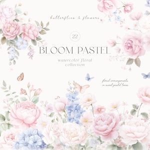 Puede incluir: Una colección floral en acuarela titulada "Bloom Pastel" con rosas rosas, flores azules y mariposas. La imagen incluye el texto "butterflies & flowers", "watercolor floral collection", y "floral arrangements in sweet pastel tones".