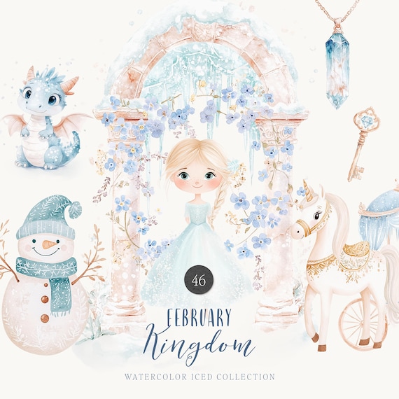 Watercolor Ice Kingdom Frozen Clipart - Dusty Blue Snow Magical Land - Princess and Prince Clipart - Winter Land Clipart Collection