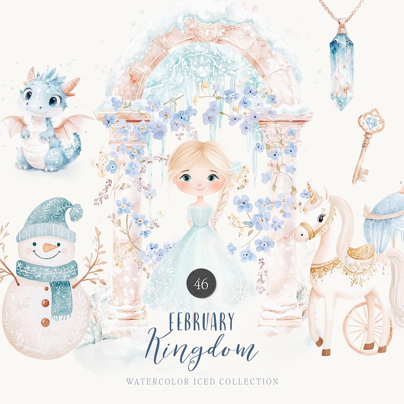 May include: Watercolor illustration of a winter wonderland scene with a princess, a dragon, a snowman, a unicorn, and a carriage. The scene is set in front of a stone archway covered in snow and ice. The text "February Kingdom" is written in a whimsical font below the archway.