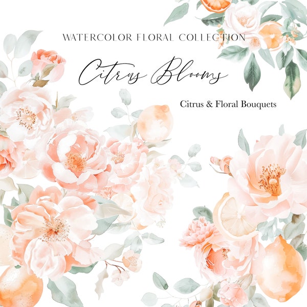 Citrus Floral Bouquet Clipart - Blush Floral Bouquets - Citrus Bouquets Clipart - Citrus Wreaths - Wedding Clipart - Unlimited Sales License