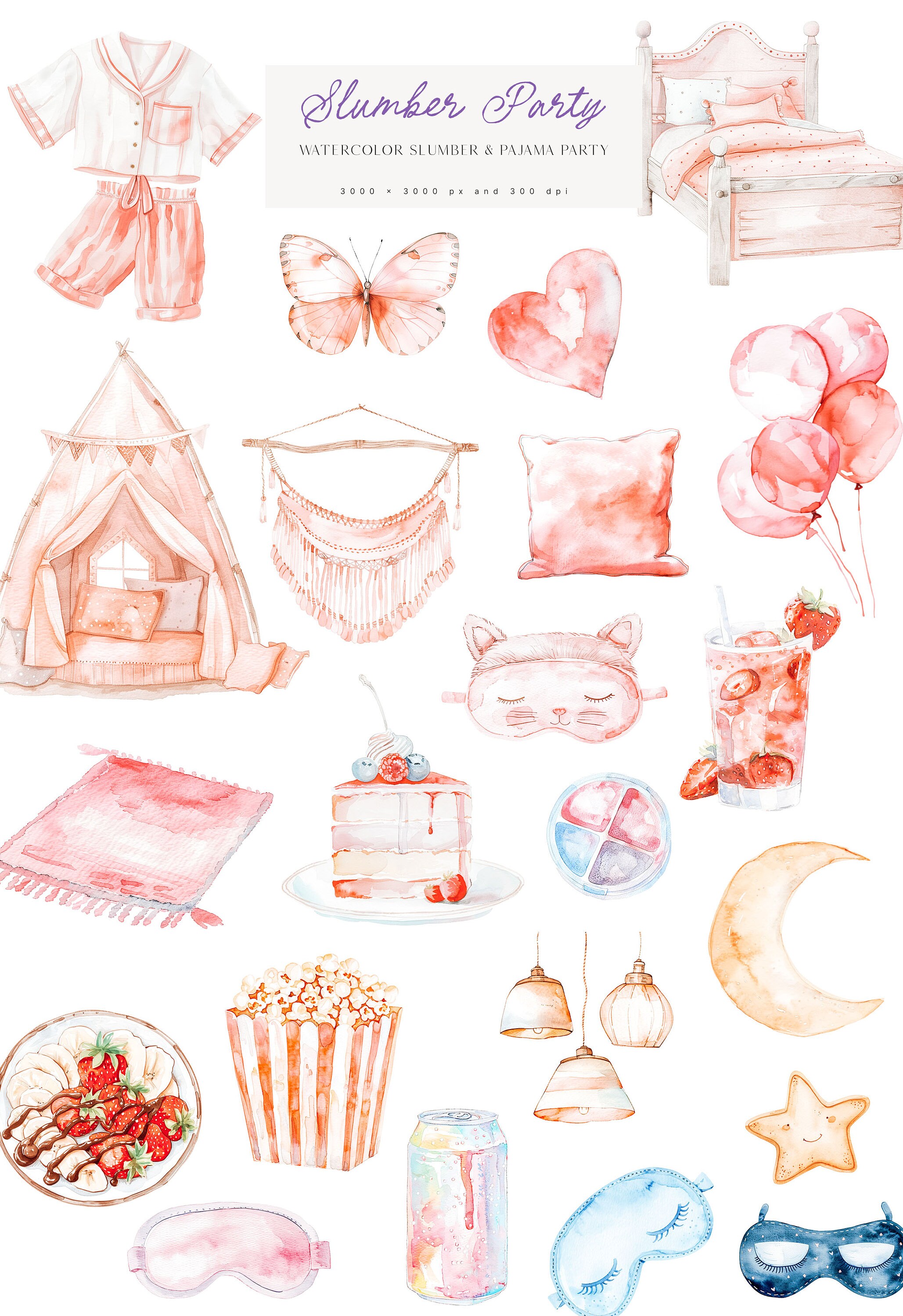 Slumber Party Clipart Set - Pajama Party Clipart - Watercolor Party ...