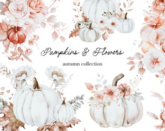 Puede incluir: Ilustración en acuarela con calabazas blancas y flores en tonos melocotón, marrón y verde. El texto dice "Pumpkins & Flowers autumn collection" y "WATERCOLOR SET".