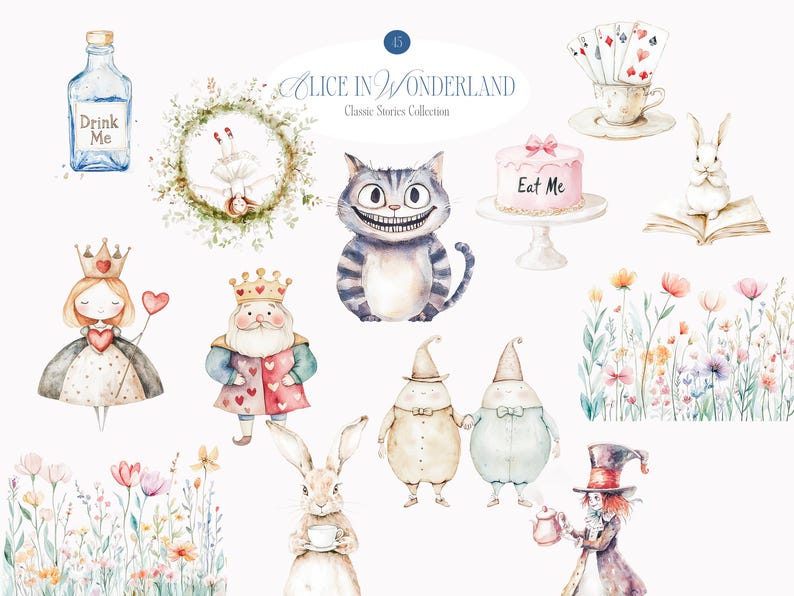 Watercolor Cute Alice in Wonderland Clipart Collection - Classic Story ...