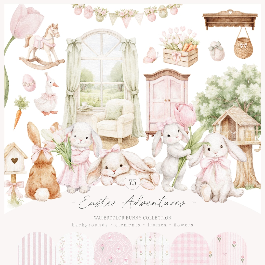Watercolor Pink Bunnies Easter Clipart Collection with Tulips