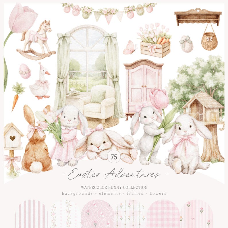 Op de afbeelding: Waterverfillustratie met Pasen-thema's. Bevat konijntjes, bloemen, een schommelpaard en decoratieve meubels. De afbeelding heeft een zacht, pastelkleurig kleurenpalet met de tekst "Easter Adventures".