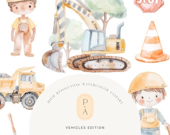 Könnte beinhalten: Aquarell-Clipart-Set mit Baufahrzeugen und Arbeitern. Das Set enthält einen gelben Bagger, einen gelben Kipplaster, ein Stoppschild, einen Verkehrskegel und zwei Bauarbeiter mit gelben Schutzhelmen.