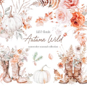 Herbst Aquarell Clipart - Florales Clipart - Herbststiefel - Florale Stiefel - Weiße Kürbisse - Kürbis Clipart - Herbst - unbegrenzte Verkaufslizenz