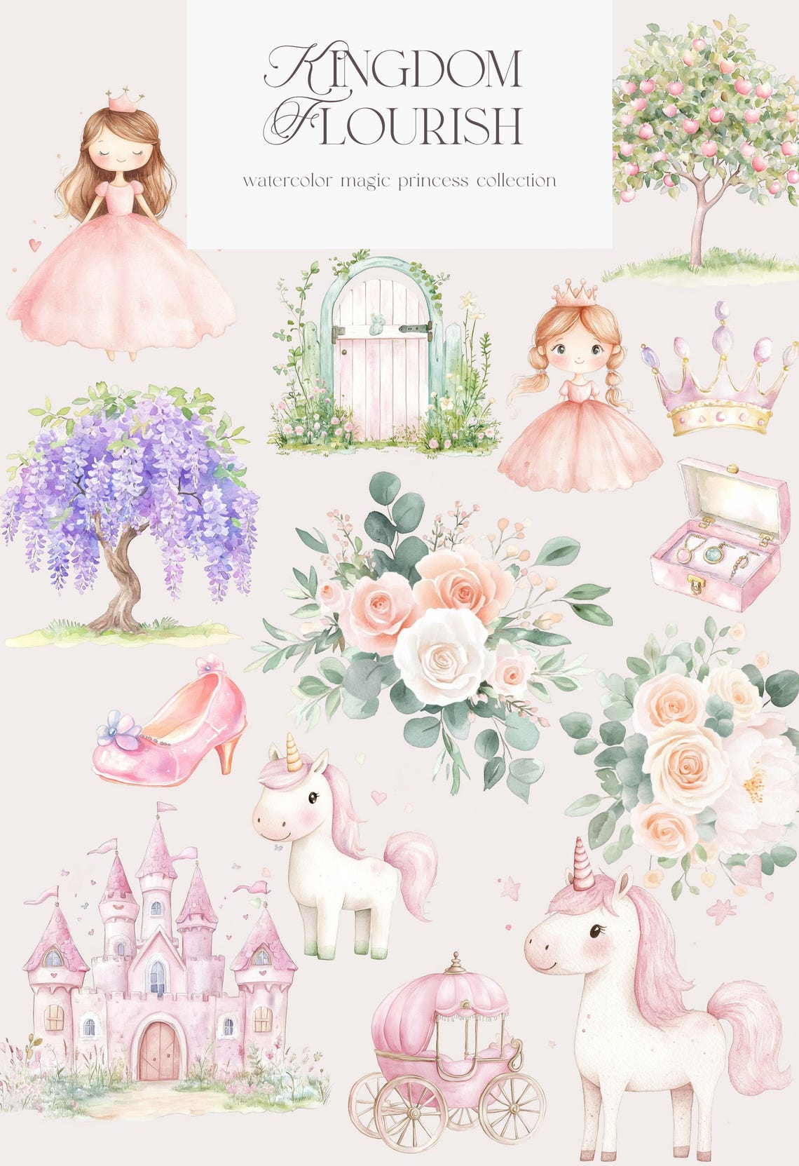 Princess Watercolor Clipart - Pink Princesses - Dusty Pink - Unicorn ...