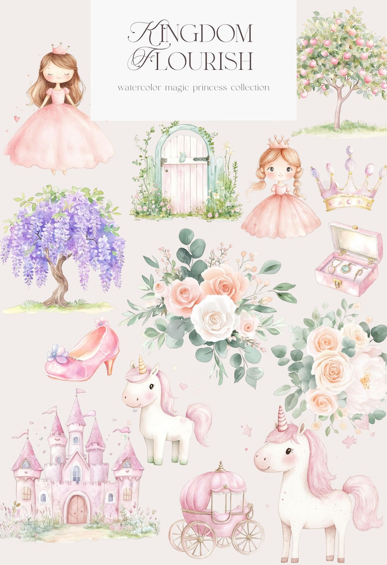 Princess Watercolor Clipart - Pink Princesses - Dusty Pink - Unicorn ...