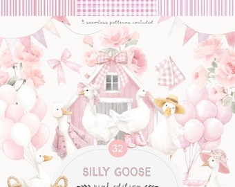 Dusty Pink Silly Goose Clipart Set - Watercolor Silly Goose - Watercolor Preppy Clipart - Seamless Patterns - Silly Goose - Dusty Pink