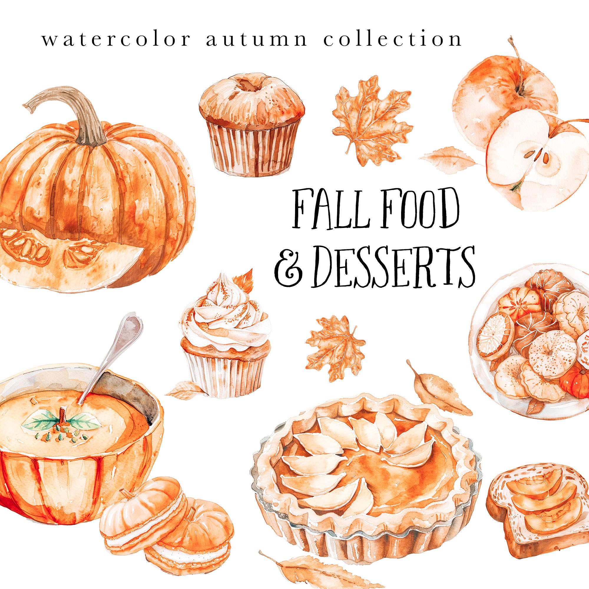 Fall Desserts Clipart - Autumn Food Clipart - Fall Food - Watercolor Autumn - Watercolor Food - Cozy Fall Clipart - Unlimited Sales License