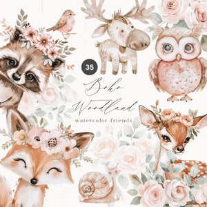 Aquarell Boho Waldtiere - Aquarell Sammlung - Boho Kinderzimmer - Woodland Party - Neutral