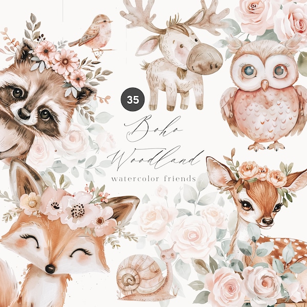 Watercolor Boho Woodland Animals - Watercolor Collection - Boho Nursery - Woodland Party - Neutral