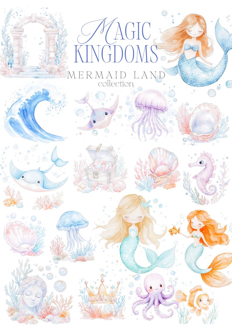 かわいい人魚のクリップアート - 子供向けのクリップアート - 人魚 - 魔法の王国コレクション - 水彩クリップアート - 海 - 無制限の販売ライセンス 画像 3