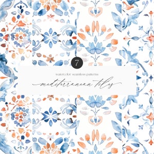 May include: Seven watercolor seamless patterns featuring blue and orange geometric designs inspired by Mediterranean tiles.