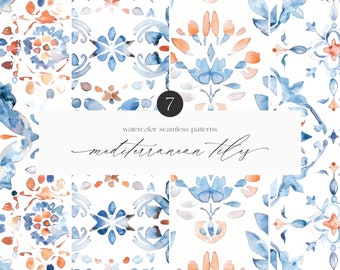 Watercolor Mediterranean Tile Seamless Patterns - Mediterranean Patterns - Tile - Seaside Patterns