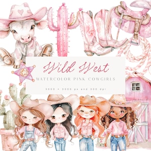 Invitation rose des cliparts - clipart Far West - Cowgirl aquarelle - ensemble de cliparts - shérif - clipart désert - chambre d'enfant - filles