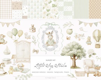 May include: Watercolor nursery art featuring a collection of elements in soft green and beige tones. Includes a framed donkey, balloons, a hot air balloon, a tree, and various other decorative items. The text "Little Sage Studio" is also present.