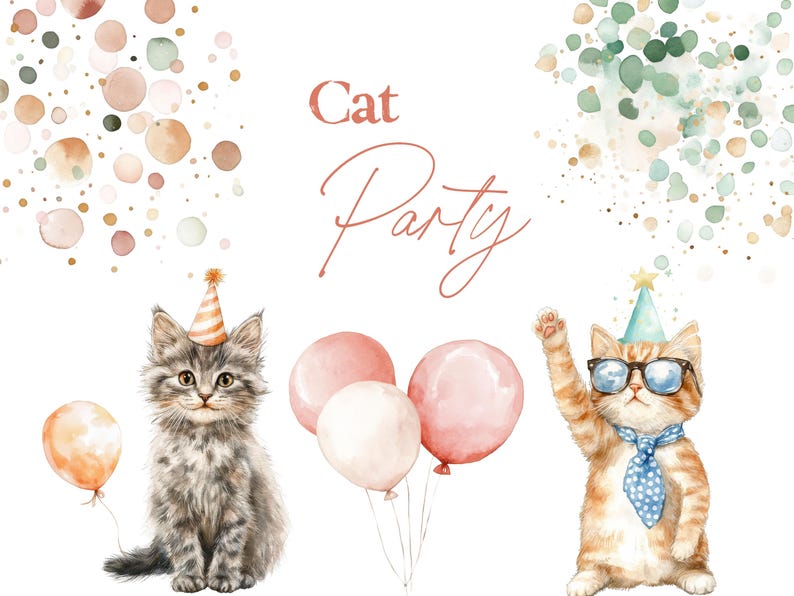 May include: Watercolor illustration with the text "Cat Party". Two cats wearing party hats and balloons. One cat is gray and white, the other is orange and white wearing glasses and a blue tie. Pink and white balloons are in the center.