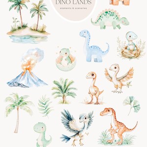 May include: Watercolor illustrations of various dinosaurs, palm trees, a volcano, and other elements. The text "CUTE DINOSAURS DINO LANDS elements & scenarios" is also included. The illustrations are in soft pastel colors.