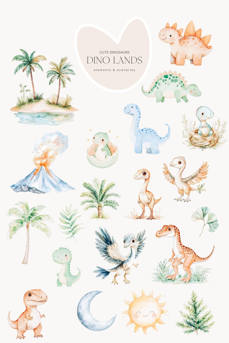 May include: Watercolor illustrations of various dinosaurs, palm trees, a volcano, and other elements. The text "CUTE DINOSAURS DINO LANDS elements & scenarios" is also included. The illustrations are in soft pastel colors.