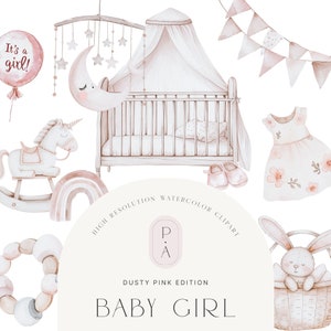 Clipart acquerello Baby Shower - Clipart bambina - Clipart asilo nido - Rivelazione di genere - Rosa polveroso - Colori neutri - Licenza di vendita illimitata