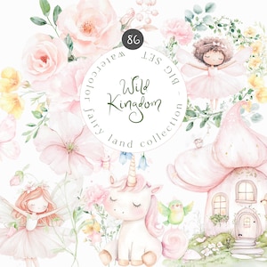 Ensemble de cliparts jardin féerique aquarelle - pays des fées rose - fée florale - licorne et fées - collection aquarelle