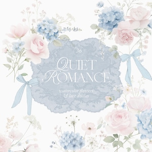 Könnte beinhalten: Aquarell-Blumendesign mit zarten rosa Rosen, blauen Hortensien und zartem Grün. Eine hellblaue Spitzendecke mit dem Text "Quiet Romance" und "watercolor flowers & lace doilies" befindet sich in der Mitte. Hellblaue Bänder akzentuieren das Design.