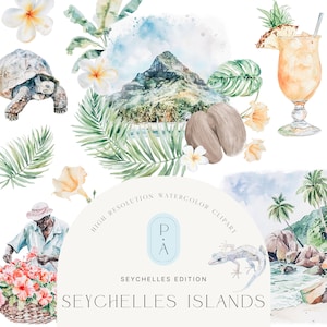 Aquarell Seychellen Clipart - Seychellen Inseln - Aquarell tropische Blumen - Insel Clipart - Landschaften - unbegrenzte erweiterte Lizenz
