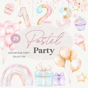 Aquarell Party Clipart - Pastell Party - Festliche Clipart - Clipart für Kinder - Party - Geburtstagsparty Clipart - unbegrenzte Verkaufslizenz