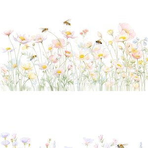 May include: Watercolor illustration of a field of pink and white flowers with bees flying around. The text "Honey Spring Honey Bees Edition" is at the top of the image.