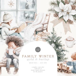 Aquarel rustieke familiekerst met jute en goud - winter familieactiviteiten - winter clipart - kerst clipartcollectie
