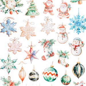 May include: Watercolor illustrations of Christmas ornaments, including a star, snowflakes, stockings, ornaments, a snowman, and Santa Claus.  The text "watercolor seasonal collection Christmas Ornaments" is at the top of the image.
