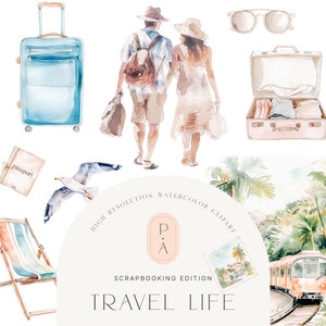 Set di clipart da viaggio ad acquerello - Clipart di viaggio - Clipart di vacanze - Articoli da viaggio - Clipart di esplorazione - Tropicale - Licenza di vendita illimitata