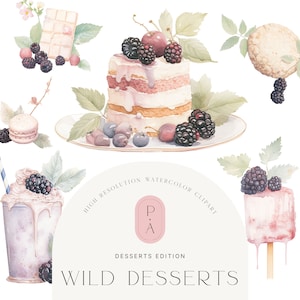 Beeren Desserts Aquarell Clipart - Waldbeeren - Beeren Clipart - Süßigkeiten Clipart - Dessert Clipart-Set - Cupcake - unbegrenzte Verkaufslizenz