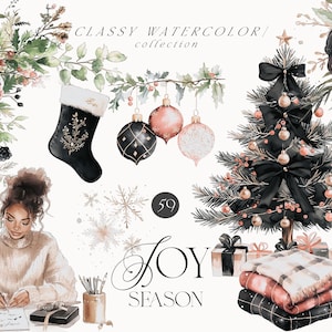 Coleção de inverno elegante em aquarela - enfeites dourados e pretos - coleção moderna elegante de Natal - adesivos digitais