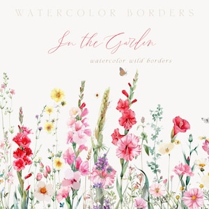 Flores de jardim em aquarela Bordas de flores silvestres - Gladiolus - Clipart de flores silvestres - Coleção de clipart - Flores em aquarela