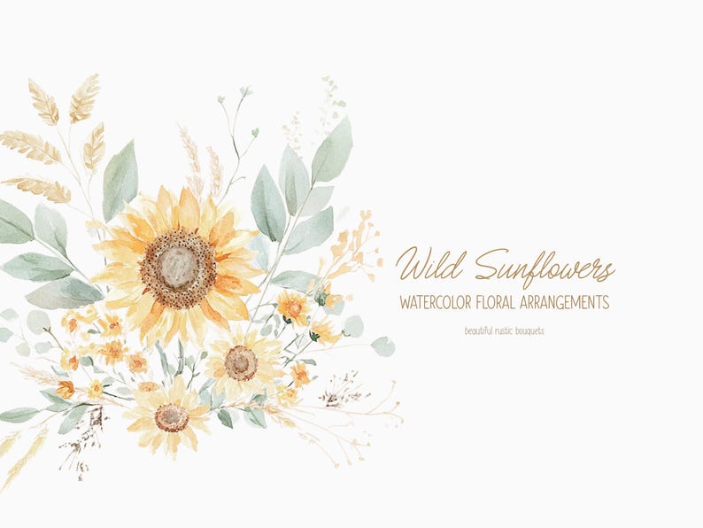 K&ouml;nnte beinhalten: Aquarell-Illustration eines Strau&szlig;es Sonnenblumen und Gr&uuml;ns. Die Sonnenblumen sind gelb mit braunen Zentren und das Gr&uuml;n ist hellgr&uuml;n. Der Text "Wild Sunflowers Watercolor Floral Arrangements beautiful rustic bouquets" ist in brauner Schrift oben rechts im Bild geschrieben.