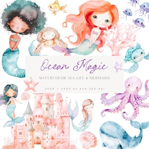 Clipart océan et sirène - sirènes aquarelles - créatures marines mignonnes - Clipart créatures marines - sirènes - sous l'eau - licence de vente illimitée