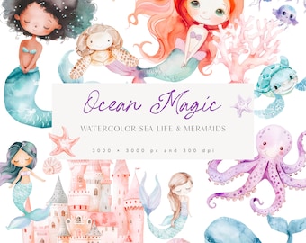 May include: Watercolor illustration of ocean magic with mermaids, sea life, and a pink castle. The illustration features a mermaid with red hair, a mermaid with black hair, a blue whale, an octopus, a sea turtle, and a starfish. The text "Ocean Magic Watercolor Sea Life & Mermaids 3000 x 3000 px and 300 dpi" is included in the image.