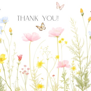 Op de afbeelding: Een aquarel-illustratie van een veld met wilde bloemen en vlinders. De bloemen zijn roze, geel en blauw. De vlinders zijn oranje, roze en wit. De tekst "THANK YOU!" staat in het zwart bovenaan de afbeelding.