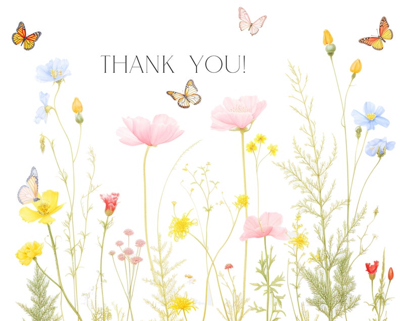 Op de afbeelding: Een aquarel-illustratie van een veld met wilde bloemen en vlinders. De bloemen zijn roze, geel en blauw. De vlinders zijn oranje, roze en wit. De tekst "THANK YOU!" staat in het zwart bovenaan de afbeelding.