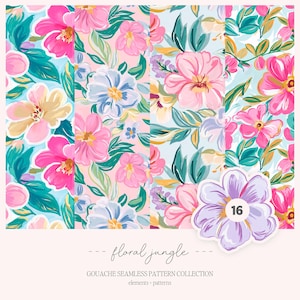May include: A set of 16 digital floral patterns in a gouache style. The patterns feature pink, blue, yellow, and green flowers on a light blue, pink, or white background.