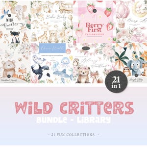 Pacote de berçário selvagem em aquarela - Pacote de festa infantil - Pacote de animais de festa - Pacote de criaturas de festa - Pacote fofo em aquarela