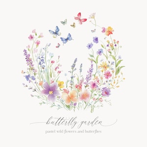 May include: Watercolour painting of a circle of pastel wildflowers and butterflies. The text "butterfly garden" and "pastel wild flowers and butterflies" is below the circle.
